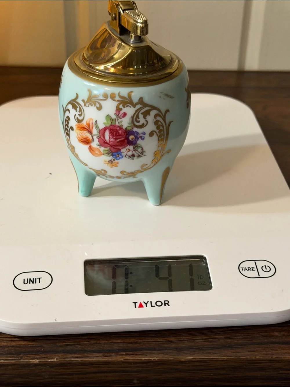 Porcelain Floral Table Lighter in Light Blue and Gold